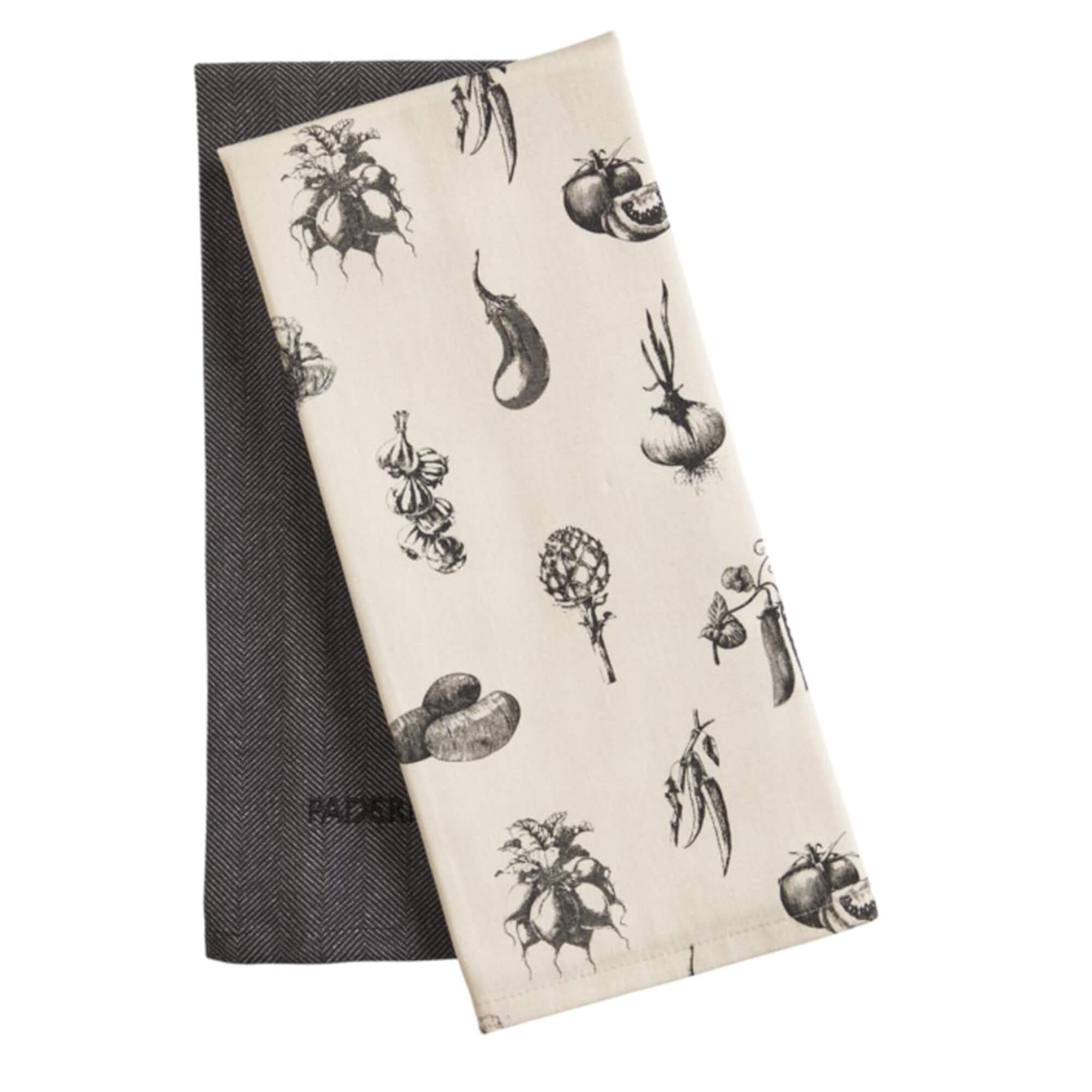 Textured Cotton Kitchen Towels, 2-Pack, Charcoal Grey/Printed