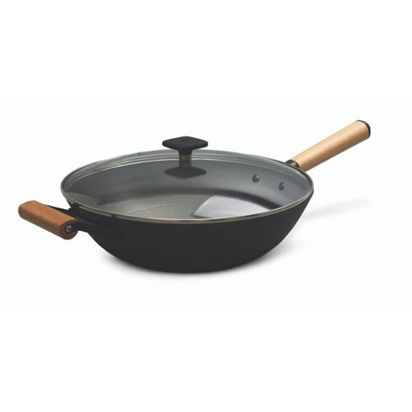 Wok 32 cm en acier brut induction avec contre poignée revêtement cire  d´abeille - Tom Press